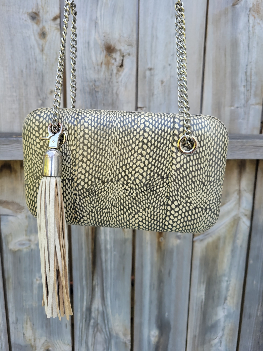 BCBGMaxAzria Cream and Black Textured Tassel Chain Clutch